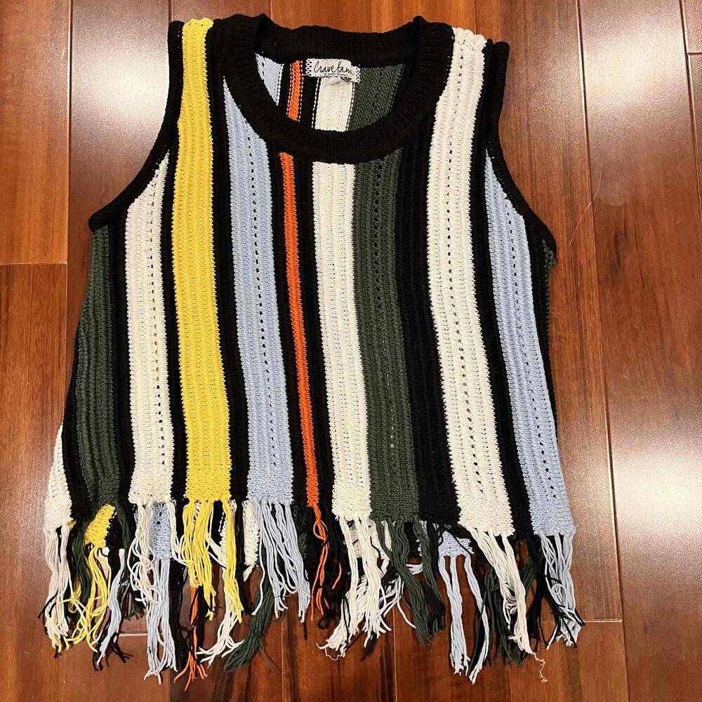 Crave Fame Black Multi Tank Top Stripe Knit Fringe Sweater Festival Boho Sz S